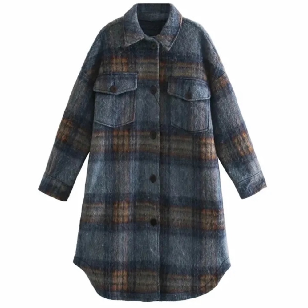 ZARA Mohair Tartan Long Overcoat Jacket